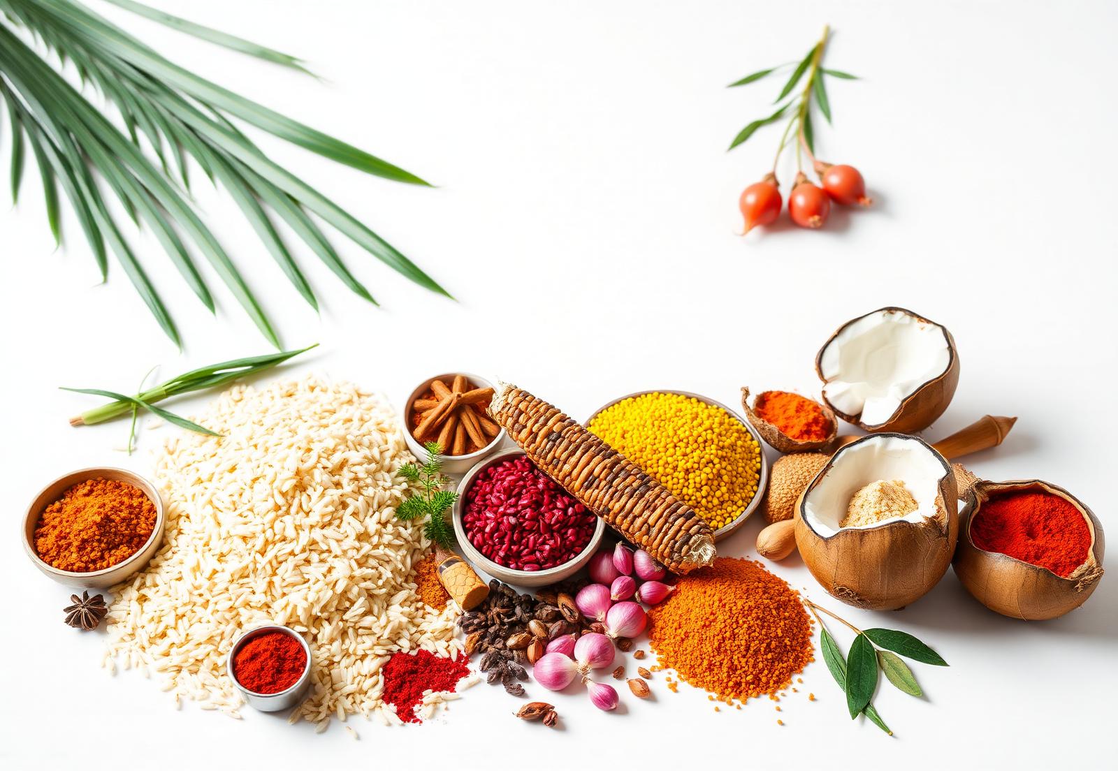 Indian food export products — rice, maize, green chilli, onion and coconut